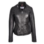 WeeBroz Women's Beige Leather Biker Jacket Modern Zipper Style - Image 4