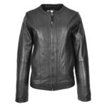 WeeBroz Women's Real Black Leather Biker Jacket Collarless Slim Fit Style