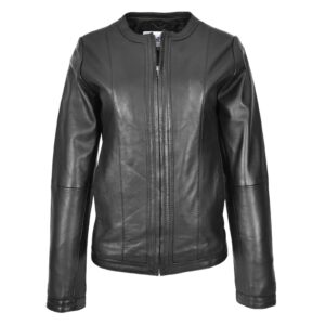 WeeBroz Women's Real Black Leather Biker Jacket Collarless Slim Fit Style