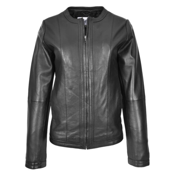 WeeBroz Women's Real Black Leather Biker Jacket Collarless Slim Fit Style - Image 1