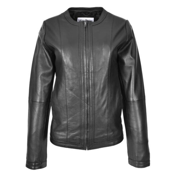 WeeBroz Women's Real Black Leather Biker Jacket Collarless Slim Fit Style - Image 2