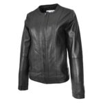 WeeBroz Women's Real Black Leather Biker Jacket Collarless Slim Fit Style - Image 4
