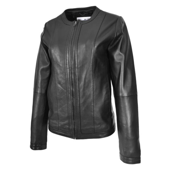WeeBroz Women's Real Black Leather Biker Jacket Collarless Slim Fit Style - Image 4