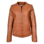 WeeBroz Women's Real Tan Leather Biker Jacket Collarless Style