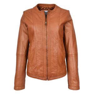 WeeBroz Women's Real Tan Leather Biker Jacket Collarless Style