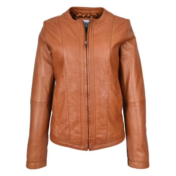 WeeBroz Women's Real Tan Leather Biker Jacket Collarless Style - Image 1