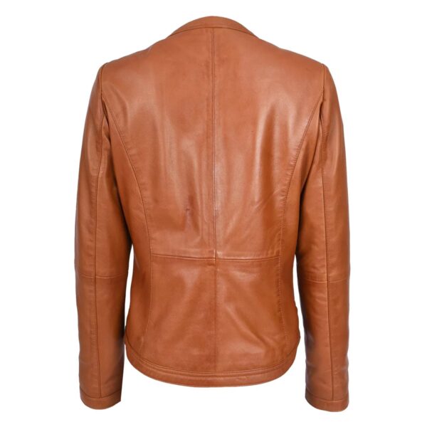 WeeBroz Women's Real Tan Leather Biker Jacket Collarless Style - Image 2