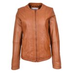 WeeBroz Women's Real Tan Leather Biker Jacket Collarless Style - Image 4