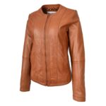 WeeBroz Women's Real Tan Leather Biker Jacket Collarless Style - Image 5