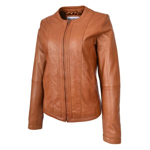 WeeBroz Women's Real Tan Leather Biker Jacket Collarless Style - Image 5