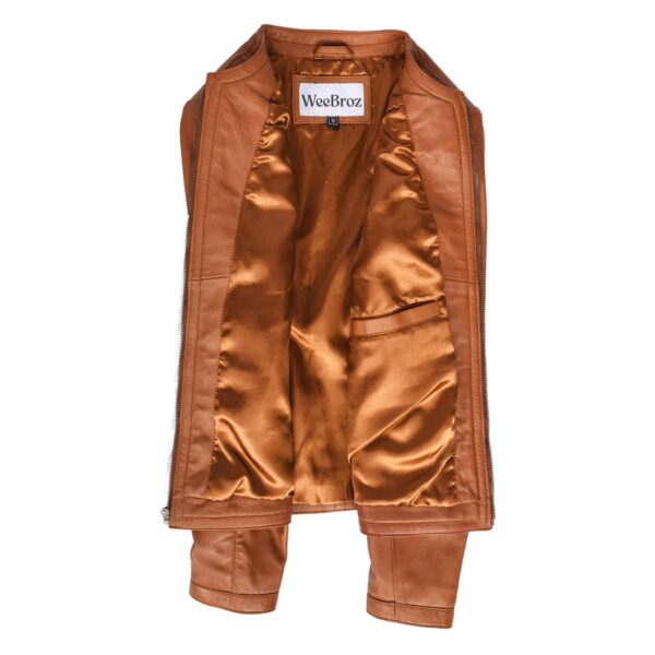 WeeBroz Women's Real Tan Leather Biker Jacket Collarless Style - Image 6