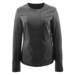 WeeBroz Women's Black Real Leather Biker Jacket Collarless Style
