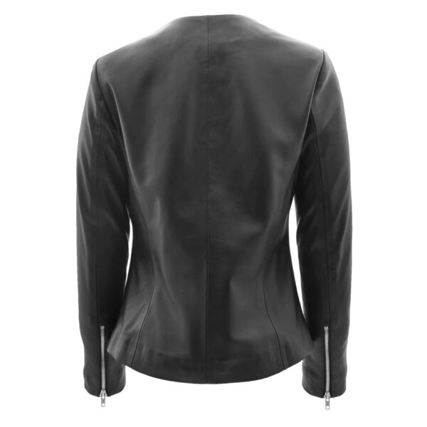 WeeBroz Women's Black Real Leather Biker Jacket Collarless Style - Image 2