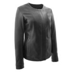 WeeBroz Women's Black Real Leather Biker Jacket Collarless Style - Image 3