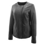 WeeBroz Women's Black Real Leather Biker Jacket Collarless Style - Image 4