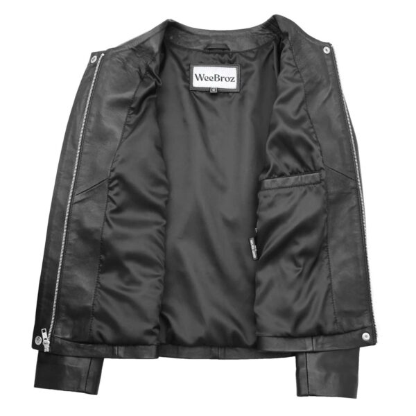WeeBroz Women's Black Real Leather Biker Jacket Collarless Style - Image 6