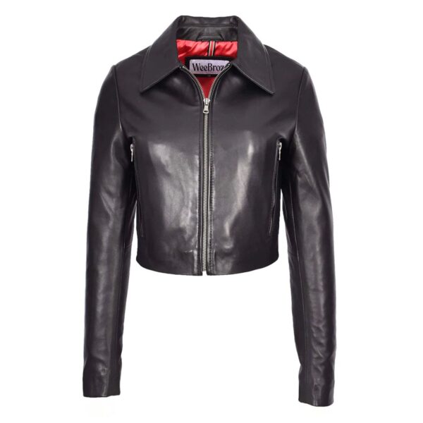 WeeBroz Women's Black Leather Biker Jacket Minimal Moto Cropped Fit Style - Image 1