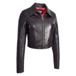 WeeBroz Women's Black Leather Biker Jacket Minimal Moto Cropped Fit Style - Image 4