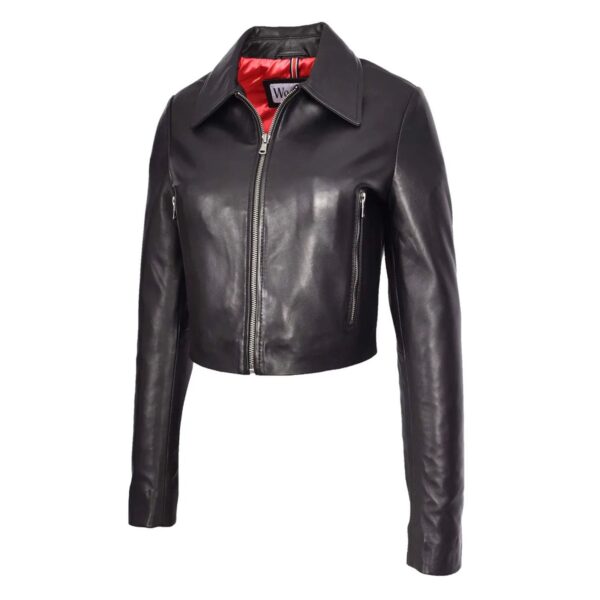 WeeBroz Women's Black Leather Biker Jacket Minimal Moto Cropped Fit Style - Image 5