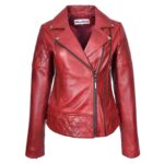 WeeBroz Women's Red Leather Biker Jacket Multi Cross Zip Quilted Style