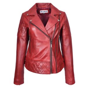 WeeBroz Women's Red Leather Biker Jacket Multi Cross Zip Quilted Style