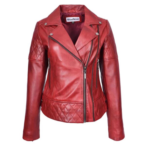 WeeBroz Women's Red Leather Biker Jacket Multi Cross Zip Quilted Style - Image 1