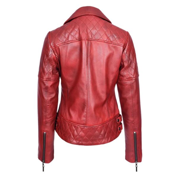 WeeBroz Women's Red Leather Biker Jacket Multi Cross Zip Quilted Style - Image 2