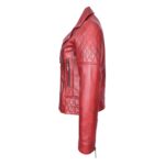 WeeBroz Women's Red Leather Biker Jacket Multi Cross Zip Quilted Style - Image 3