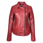 WeeBroz Women's Red Leather Biker Jacket Multi Cross Zip Quilted Style - Image 4