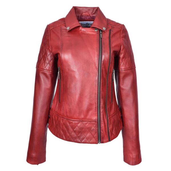 WeeBroz Women's Red Leather Biker Jacket Multi Cross Zip Quilted Style - Image 4
