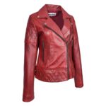 WeeBroz Women's Red Leather Biker Jacket Multi Cross Zip Quilted Style - Image 5