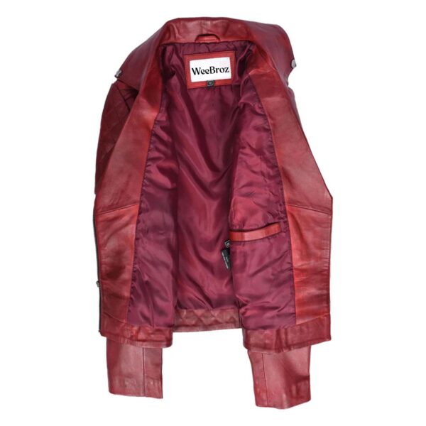 WeeBroz Women's Red Leather Biker Jacket Multi Cross Zip Quilted Style - Image 6