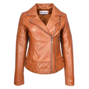 WeeBroz Women's Tan Leather Biker Jacket Multi Cross Zip Quilted Style