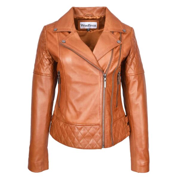 WeeBroz Women's Tan Leather Biker Jacket Multi Cross Zip Quilted Style - Image 1