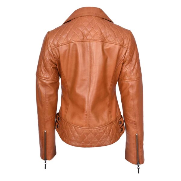 WeeBroz Women's Tan Leather Biker Jacket Multi Cross Zip Quilted Style - Image 2