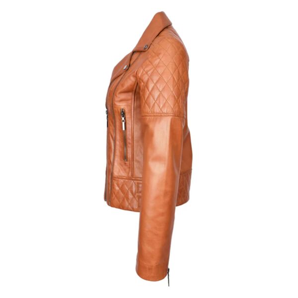 WeeBroz Women's Tan Leather Biker Jacket Multi Cross Zip Quilted Style - Image 3