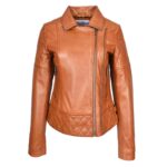 WeeBroz Women's Tan Leather Biker Jacket Multi Cross Zip Quilted Style - Image 4