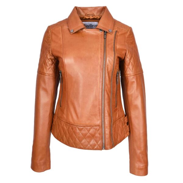 WeeBroz Women's Tan Leather Biker Jacket Multi Cross Zip Quilted Style - Image 4