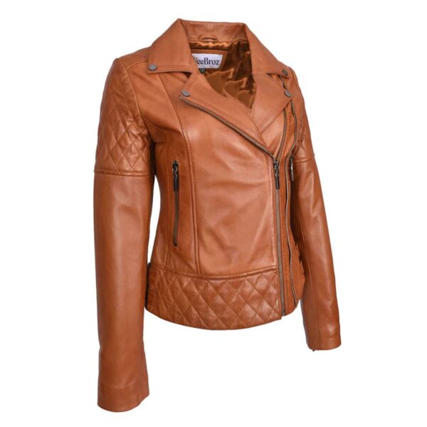 WeeBroz Women's Tan Leather Biker Jacket Multi Cross Zip Quilted Style - Image 5