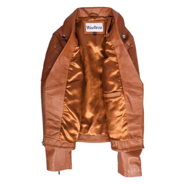 WeeBroz Women's Tan Leather Biker Jacket Multi Cross Zip Quilted Style - Image 6