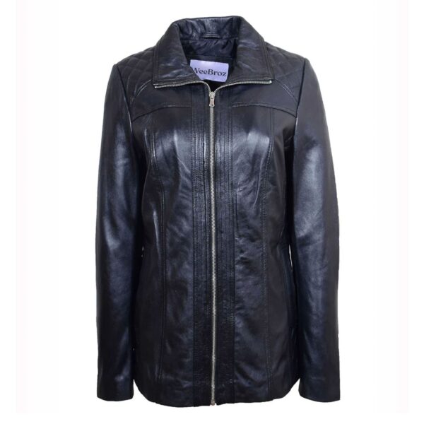 WeeBroz Women's Black Real Leather Biker Jacket Zipper Quilted Style - Image 1
