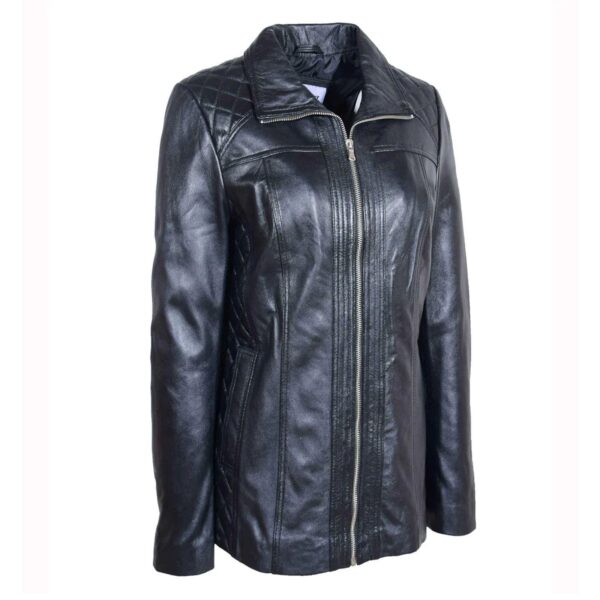 WeeBroz Women's Black Real Leather Biker Jacket Zipper Quilted Style - Image 3