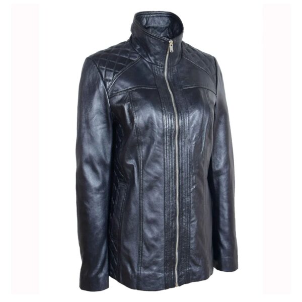 WeeBroz Women's Black Real Leather Biker Jacket Zipper Quilted Style - Image 4
