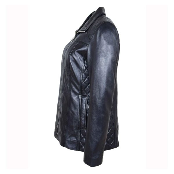 WeeBroz Women's Black Real Leather Biker Jacket Zipper Quilted Style - Image 5