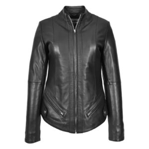 WeeBroz Women's Black Leather Biker Jacket Standing Collar Slim Fit Style