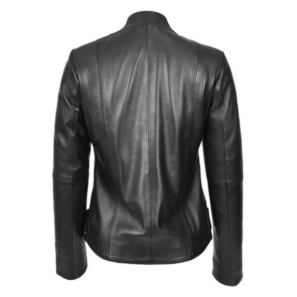 WeeBroz Women's Black Leather Biker Jacket Standing Collar Slim Fit Style - Image 2