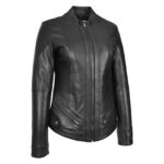 WeeBroz Women's Black Leather Biker Jacket Standing Collar Slim Fit Style - Image 4