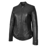 WeeBroz Women's Black Leather Biker Jacket Standing Collar Slim Fit Style - Image 5