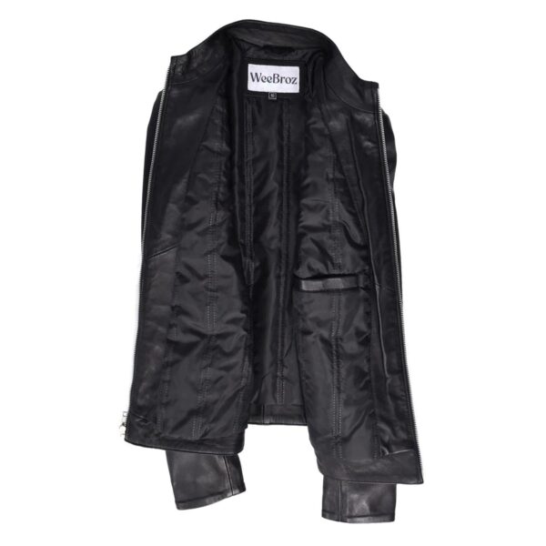 WeeBroz Women's Black Leather Biker Jacket Standing Collar Slim Fit Style - Image 7