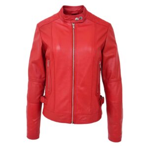 WeeBroz Women's Red Soft Leather Biker Jacket Soft Casual Zip Biker Style